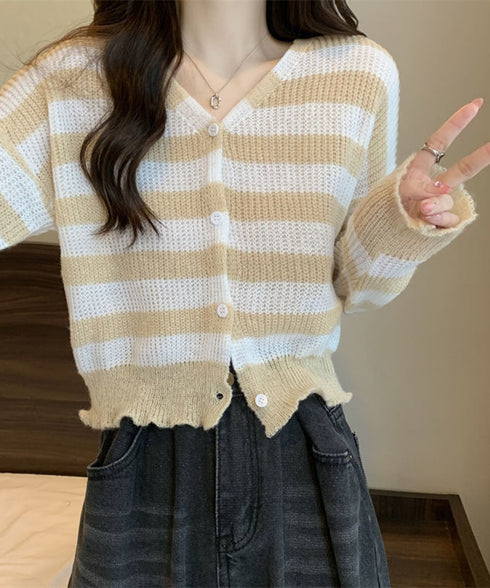 ワイドボーダー編みニットカーディガン
